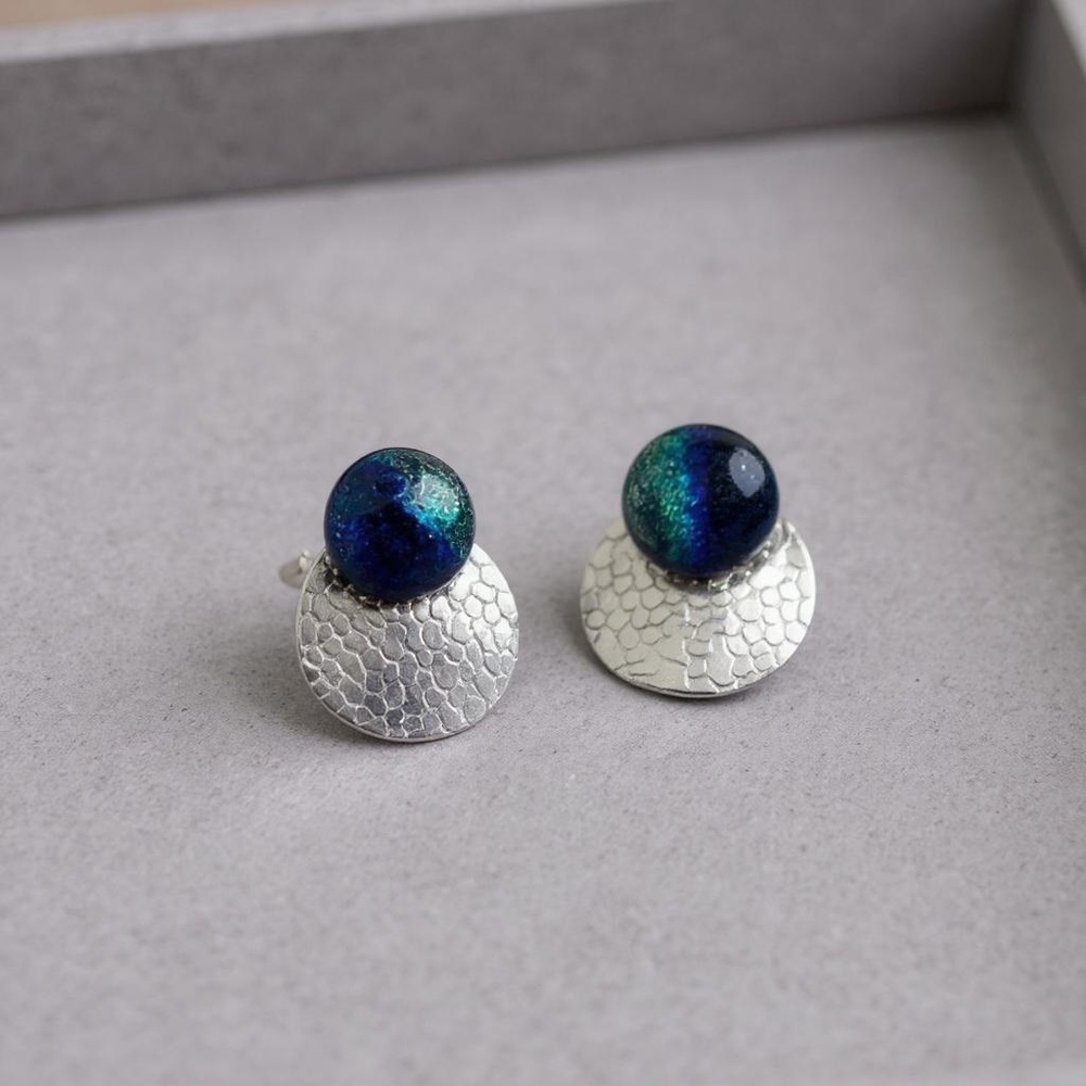 Wear 2 Ways! Dichroic Glass Studs with Textured Silver Earrings